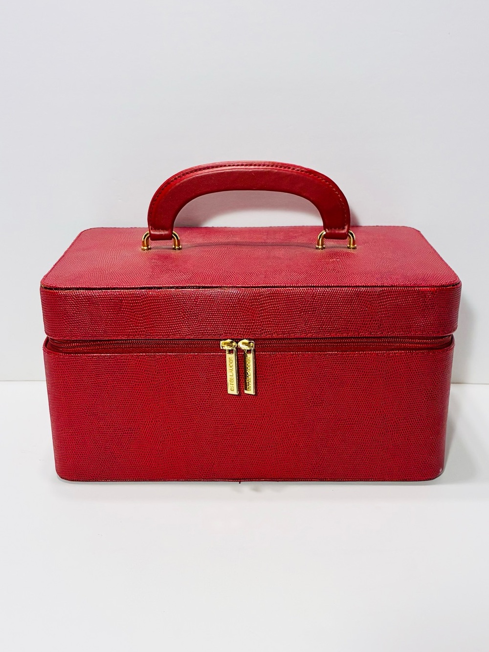 Y2K VTG Estée Lauder Red Lizard Embossed Train Case Vanity Cosmetic Bag 12x7x6.5